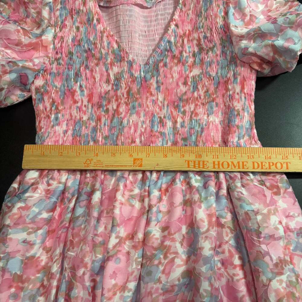 TCEC Womens L Pink Floral Smocked Midi Maxi Dress Puff Sleeve Cottagecore - Picture 5 of 7